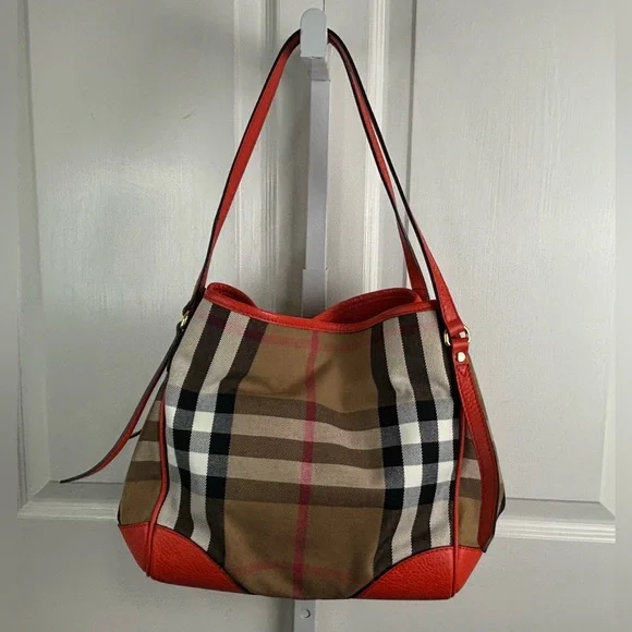 Auth Burberry House Check Canterbury canvas leather orange bag tote purse - Picture 4 of 16